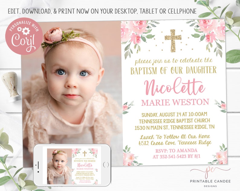 Baptism Invitation Editable Template Pink Gold Floral Etsy