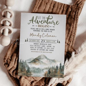 Editable Let the Adventure Begin Baby Shower Invitation Woodland Baby Shower Invite Forest Mountain Trees Neutral Template LTAB