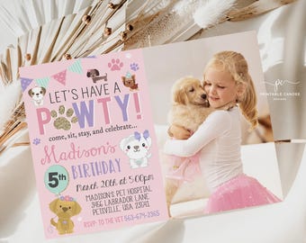 Puppy Party Invitation Template Pink Dog Pawty Birthday Photo Invite Printable PPDT