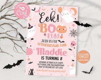 Bewerkbare Halloween roze geest verjaardag uitnodigen meisje schattig Boo thema Spooktaculaire uitnodiging sjabloon Instant Download afdrukbare