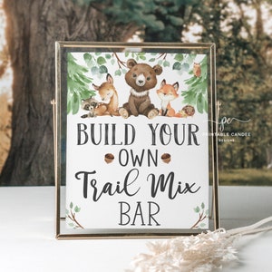 Woodland Baby Shower Trail Mix Bar Sign Forest Animals Boy Snack Station Table Decor Greenery Printable WSWG