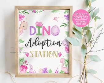 Dinosaur Adoption Station Sign Girl Dinos Birthday Party Theme Adopt a Dino sign Pink Baby Decor Instant Download Printable File
