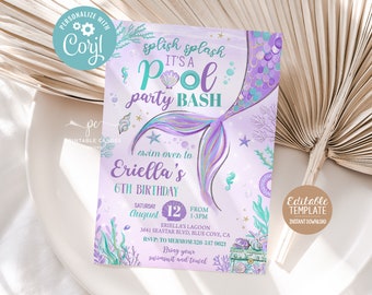 May include: Purple and teal mermaid tail pool party invitation with a mermaid tail, seashells, and a starfish. The text reads "Splish Splash It's a Pool Party Bash" and "Swim over to Eriella's 6th Birthday".