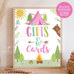 May include: A printable sign with a pink and green woodland theme. The sign says "Gifts & Cards" with a campfire, tent, and bear illustrations. The sign is 8x10 and 11x14 inches.