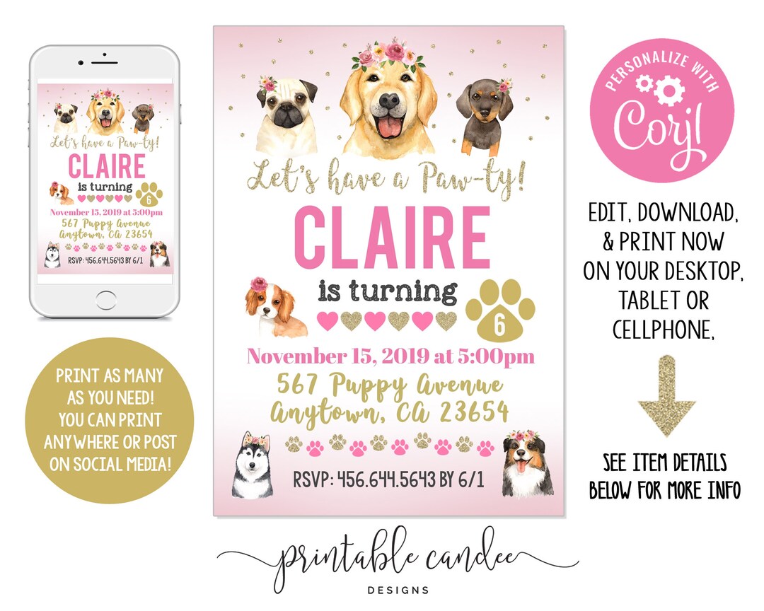Girl Dog Birthday Invitation Pink Gold Floral Puppy Party Pet Bday ...