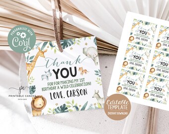 May include: Printable thank you tags with a jungle theme. The tags feature a giraffe, elephant, lion, zebra, and rhino. The text on the tags reads "Thank You for making my 1st birthday a wild celebration! Love, Carson".