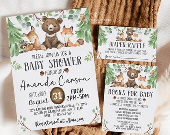 May include: A baby shower invitation with a woodland theme. The invitation features a brown bear, a fox, a raccoon, a deer, and a hedgehog. The invitation is decorated with green leaves and branches. The text on the invitation reads "Please join us for a baby shower honoring Amanda Carson. Saturday, August 31 from 2pm-5pm. 2354 Raccoon Road, Hendersonville, TN 23145. Hosted by Grandma and Auntie Bear. RSVP: To 365-561-56211. Registered at Amazon."