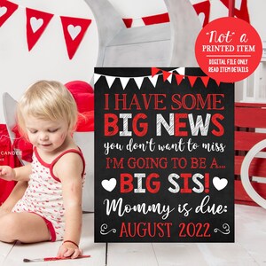 Valentine&#39;s Day Pregnancy Announcement Red Promoted to Big Sister Sign Sweetheart Printable Chalkboard File