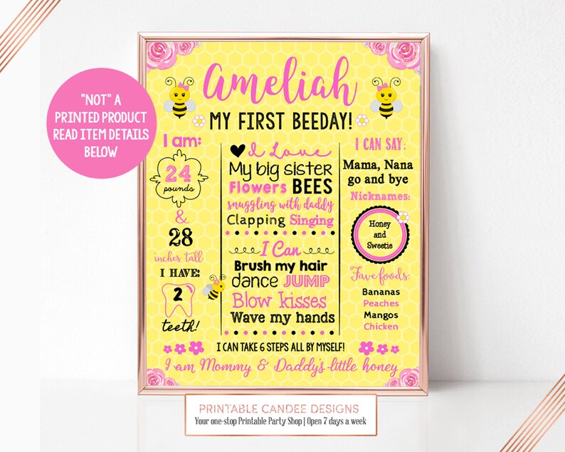 Bee 1st Birthday Chalkboard Sign Stats Board Pink Bumble Party Theme Poster Decor Milestone Printable File