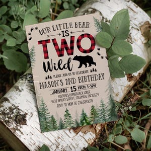 Lumberjack 2nd Birthday Invitation Template Two Wild Bear Invite Boy Rustic Buffalo Plaid BPNT