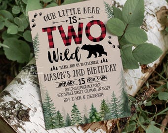 Lumberjack 2nd Birthday Invitation Template Two Wild Bear Invite Boy Rustic Buffalo Plaid BPNT