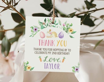 May include: A pastel pink and yellow thank you tag with a bunny rabbit holding an Easter egg. The tag says "Thank you for hopping by to celebrate my 2nd birthday! Love, Taylor."