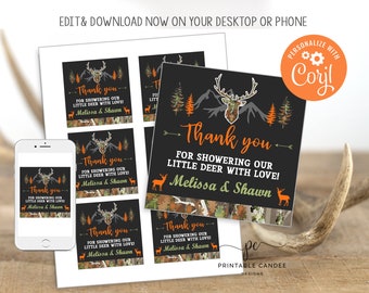 May include: Printable thank you tags featuring a camouflage deer design. The tags read "Thank you for showering our little deer with love! Melissa & Shawn".