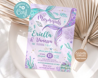 May include: Purple and teal mermaid-themed birthday invitation with the text "Our little mermaids Eriella & Vanessa are turning 5 & 6. Please join us to celebrate Saturday August 12 from 1-3pm. Our Home Lagoon 3641 Seastar Blvd, Blue Cove, CA. RSVP: To Mermom 326 347 9621. Bring your swimsuit and towel."  Editable Template Instant Download.