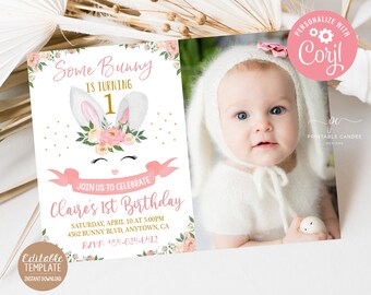 Bunny Birthday Invitation Editable Bunny 1st Birthday Invite Any Age Pink Gold Spring Floral Theme Photo Template