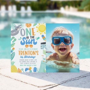 Editable One In The Sun 1st Birthday Party Invitation Tropical Summer Boy Shark Pool Party Invite Photo Template OITSB
