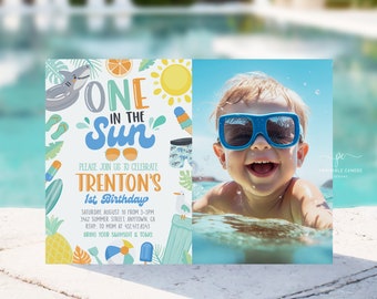 May include: A blue and yellow birthday invitation with the text "One in the Sun" and a cartoon sun, ice cream cone, and pool float. The invitation is for Trenton's 1st birthday party. A photo of a smiling boy in a swimming pool is on the right side of the invitation.