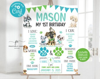 Op de afbeelding: Een gepersonaliseerd verjaardagsbord met de naam "Mason" en "Mijn 1e verjaardag". Het bord bevat puppy-illustraties, feiten en afmetingen van 9.07 kg en 63.5 cm. De tekst "Bewerkbare sjabloon" is ook opgenomen.