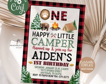 Camping Birthday Invitation One Happy Camper Smores Lumberjack No Photo Plaid 1st Printable Instant Download Editable File
