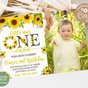 Bearbeitbare Sonnenblume 1. Geburtstag Einladung Floral Party einladen Sommer Sonnenblumen Gelb Rustikal Thema Sofortiger Download Vorlage