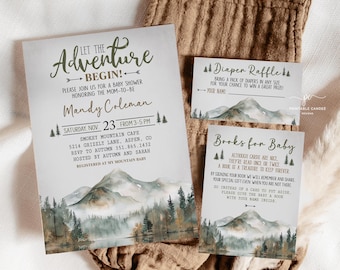 Convites para chá de bebê editáveis Let the Adventure Begin Convite para chá de bebê Woodland Forest Mountain Trees Modelo neutro LTAB