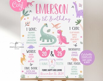 May include: A pink and green printable first birthday sign with a dinosaur theme. The sign includes the name Emerson, the child's age, weight, height, and other milestones. It also includes a list of favorite foods, books, and words. The sign is editable and comes in three sizes.