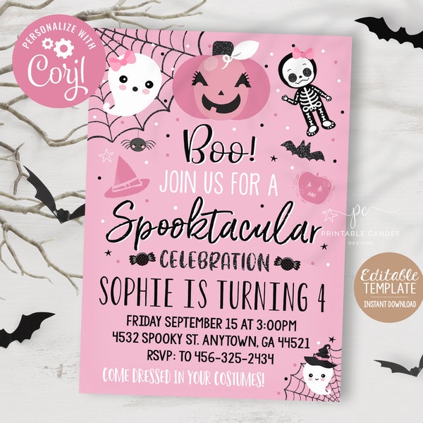 Invitación de cumpleaños de Halloween para fiesta de disfraces de niña, tema rosa espeluznante, editable e imprimible