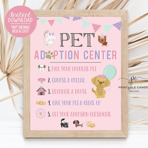 Pet Adoption Center Sign Dog Birthday Party Decor Kitten Theme Girl Cat Activities Pink Gold Printable Decor