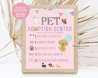 May include: A pink and purple sign with the text "PET ADOPTION CENTER" and a list of steps for adopting a pet. The sign features illustrations of a cat, dog, collar, house, bandage, and paw print.