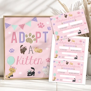 Kitten Party Adoption Sign with Certificates Pink Cat Activity Pawty Birthday Decor Printable PCDT image 1