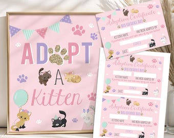 Kitten Party Adoption Sign with Certificates Pink Cat Activity Pawty Birthday Decor Printable PCDT