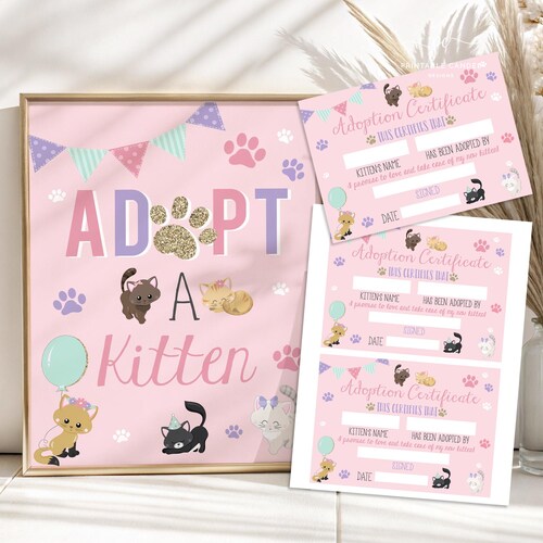 Kätzchen Party Adoption Zeichen mit Zertifikaten rosa Katze Aktivität Pawty Geburtstag Dekor Printable PCDT