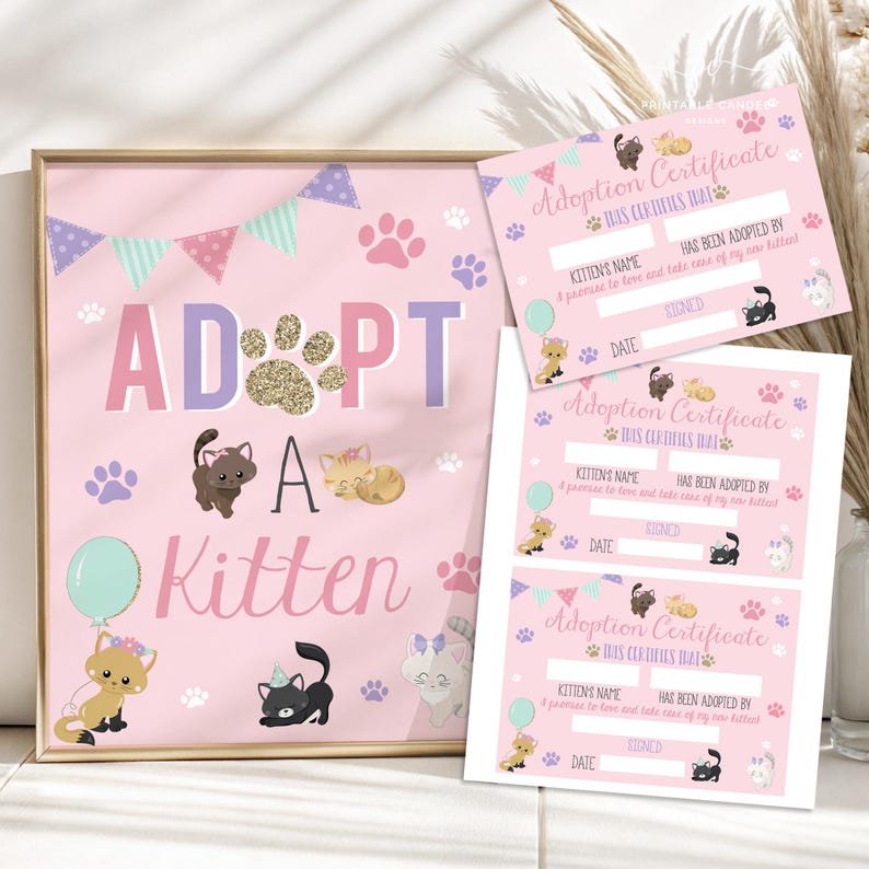 Kitten Party Adoption Sign with Certificates Pink Cat Activity Pawty Birthday Decor Printable PCDT image 1