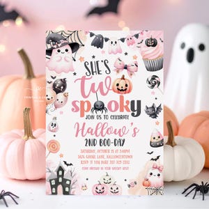 Editable Pink Halloween 2nd Birthday Invite Girl Ghost Invitation Two Spooky Party Theme Template Printable PGSTN