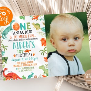 Editable Dinosaur Boy 1st Birthday Invitation Template Dino Birthday Photo Invite White T-Rex Party Turning One Digital Instant Download