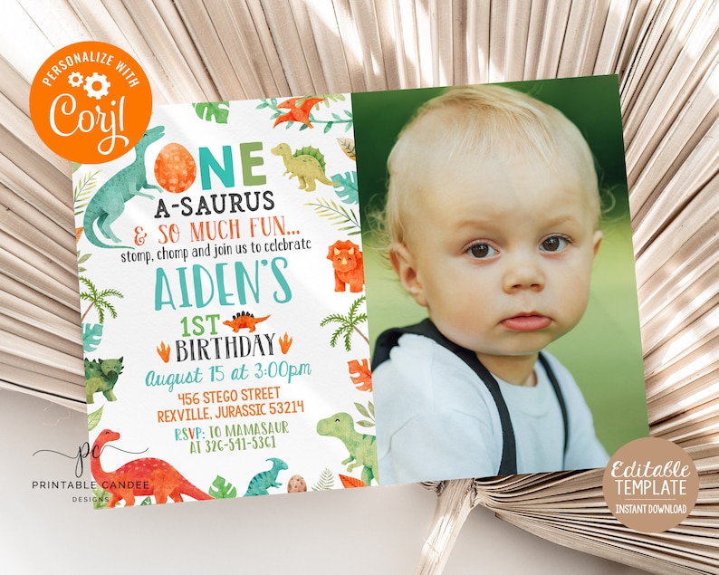 Editable Dinosaur Boy 1st Birthday Invitation Template Dino Birthday ...