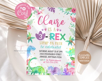 May include: A printable dinosaur birthday party invitation with a watercolor design. The invitation features a pink, green, and purple dinosaur with the text "Claire is a 3-Rex" and a gold glitter background. The invitation also includes the date, time, and location of the party.