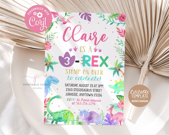 Editable Dinosaur Invitation T-Rex Girl Dino Birthday Invite Template Pink Dinosaur Party Any Age Digital DGGPT