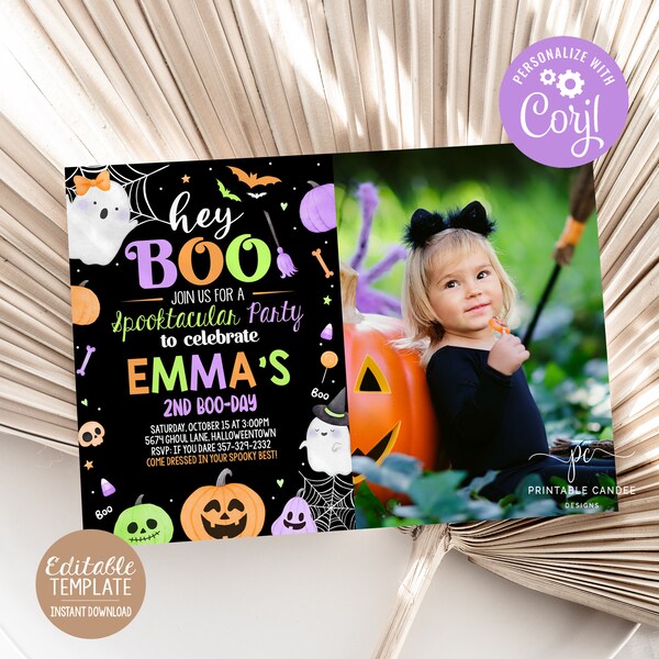 Editable Halloween Purple Orange Ghost Birthday Invite Girl Hey Boo Theme Spooktacular Invitation Template Instant Download Printable