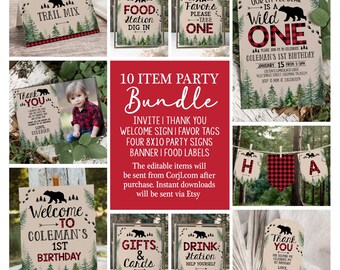 Lumberjack Birthday Bundle Party Templates Bear Decor Boy Rustic Buffalo Plaid Signs Favors BPNT