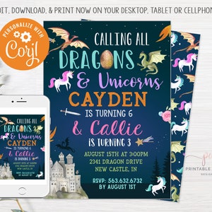 Unicorns and Dragons Birthday Invitation Editable Dragon Unicorn Party Printable Invite Sibling Birthday Theme Template Instant Download