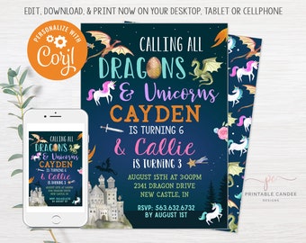 Unicorns and Dragons Birthday Invitation Editable Dragon Unicorn Party Printable Invite Sibling Birthday Theme Template Instant Download