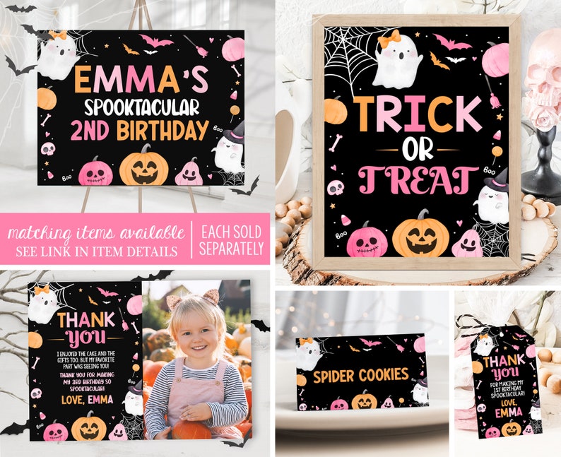 May include: A set of printable Halloween party decorations featuring a black chalkboard background with pink and orange accents. The decorations include a sign that says "Emma's Spooktacular 2nd Birthday", a sign that says "Trick or Treat", a thank you card, and a sign that says "Spider Cookies".