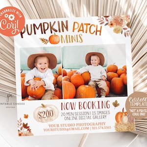 Puede incluir: Una plantilla digital para una mini sesión de fotos en un campo de calabazas. La plantilla presenta un diseño de otoño con calabazas, hojas y un fondo rústico. El texto "Pumpkin Patch Minis" se muestra en negrita. La plantilla es editable y se puede personalizar con tu propio texto e imágenes. El precio de la sesión es de 200 €.