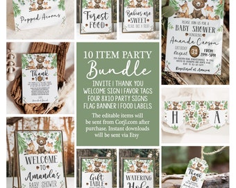 May include: A printable party bundle for a baby shower with a woodland theme. The bundle includes a welcome sign, thank you tags, four 8x10 party signs, a flag banner, and food labels. The design features a brown bear, a fox, and a squirrel with green leaves and acorns. The text on the signs includes "Popped Acorns", "Forest Food", "Babies are Sweet", "Welcome to Amanda's Baby Shower", "Gift Table", "Watering Hole", and "Thank You".