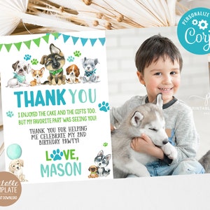 Editable Boy Puppy Thank you Dog Birthday Party Green Blue Watercolor Pet Theme Pawty Photo Template Printable