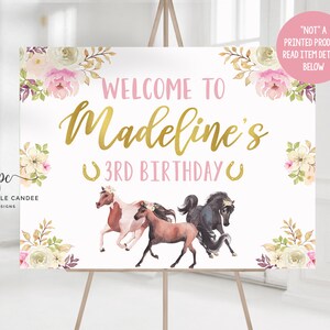 Mädchen Pferd Party Hintergrund Floral Gold rosa Tischschild Cowgirl Thema Geburtstag Dekor Poster druckbare Hintergrund
