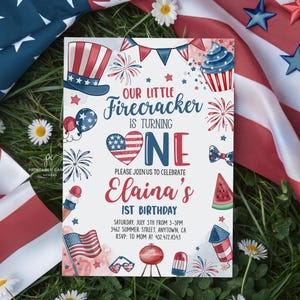 Editable 4th of July Girl 1st Birthday Invite Little Firecracker Editable Invitation Template Printable LFJD
