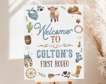 Cowboy Birthday Welcome Sign Rodeo Party Highland Cow Ranch Digital Template