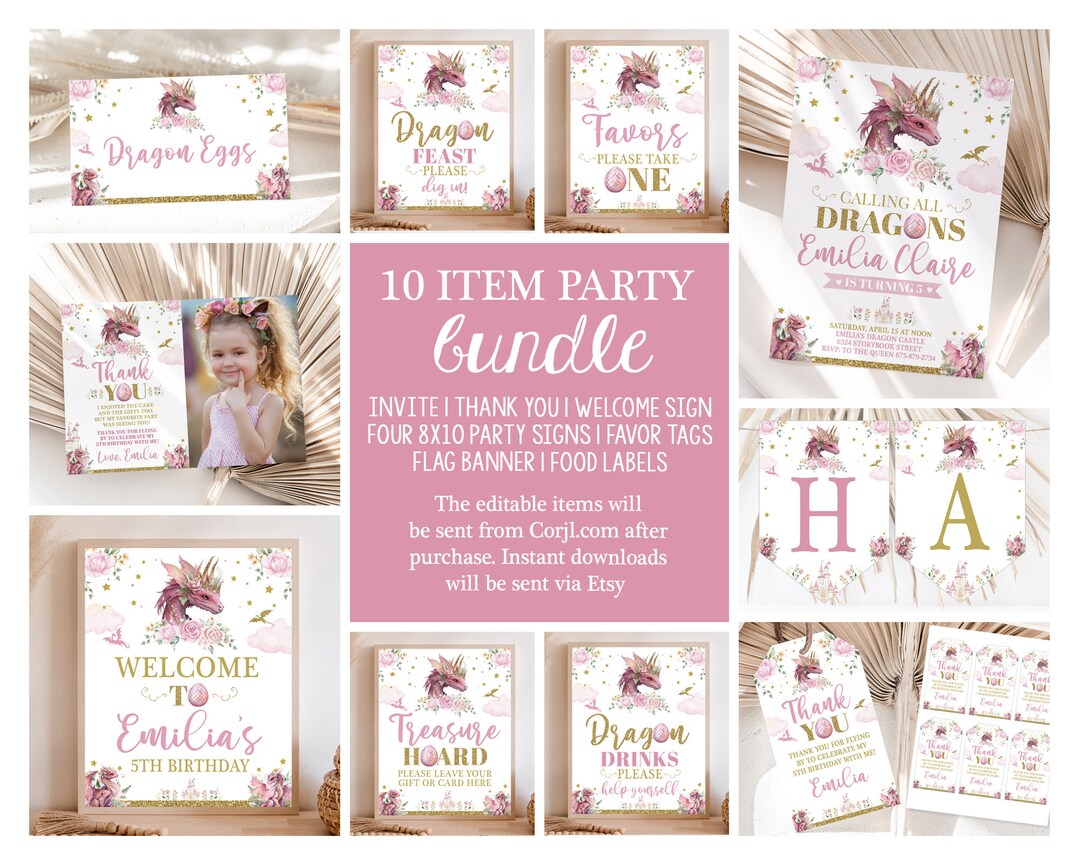 Editable Girl Dragon Party Bundle Pink Gold Dragons Theme Birthday ...